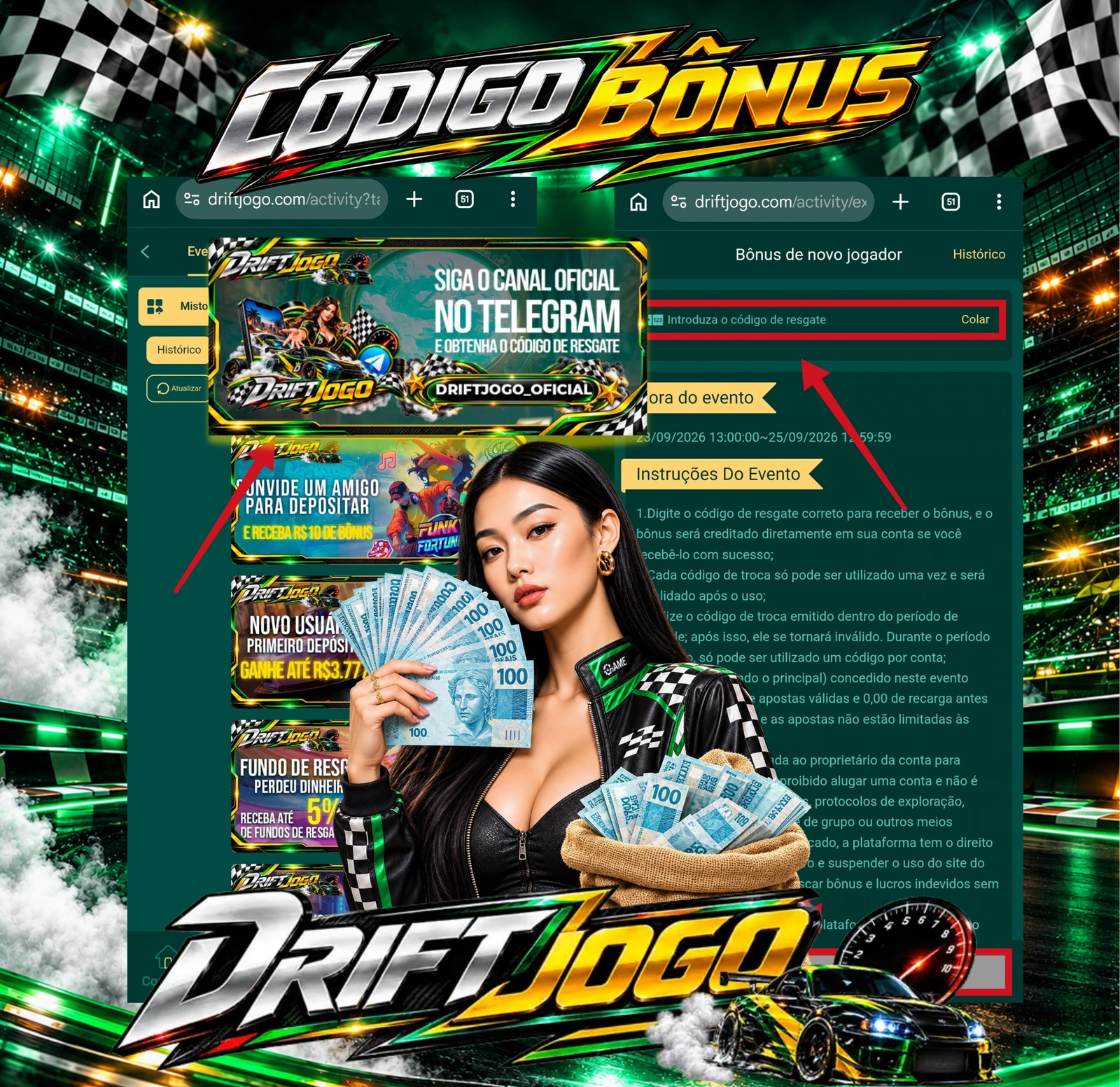 Tela promocional DriftJogo com código bônus, eventos e instruções
